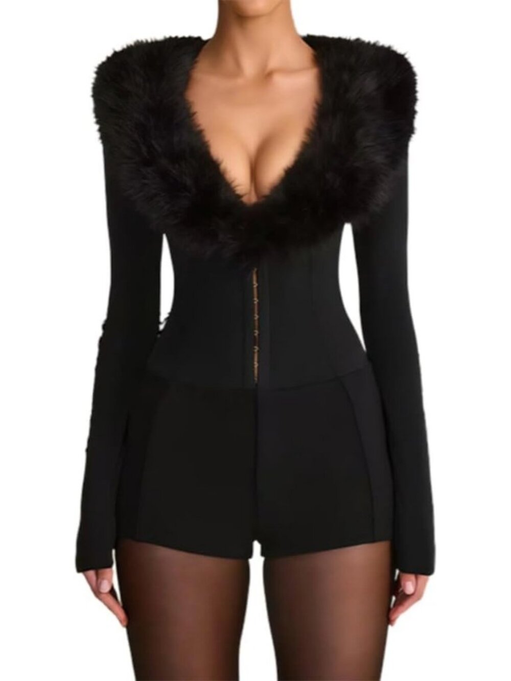 Sexy Black Faux Fur Jumpsuit with Deep V Neck & Long Sleeves - Perfect Date
